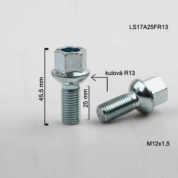 Šroub M12x1,5x25 koule R13, klíč 17 stříbrné, výška 45,5