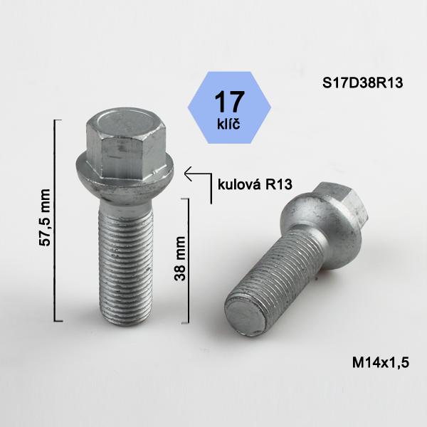 Šroub M14x1,5x38 koule R13, klíč 17, výška 57,5